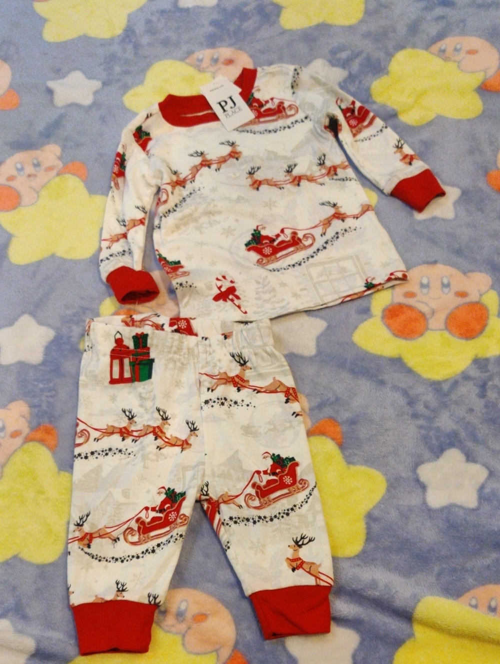 PJ Salvage White & Red Reindeer Sleigh Kids Pajama Set